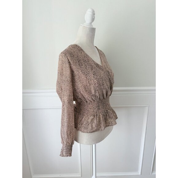 Japna M Leopard Print Long Sleeve Surplice Top With Smocked Waist & Peplum Hem - Picture 2 of 4